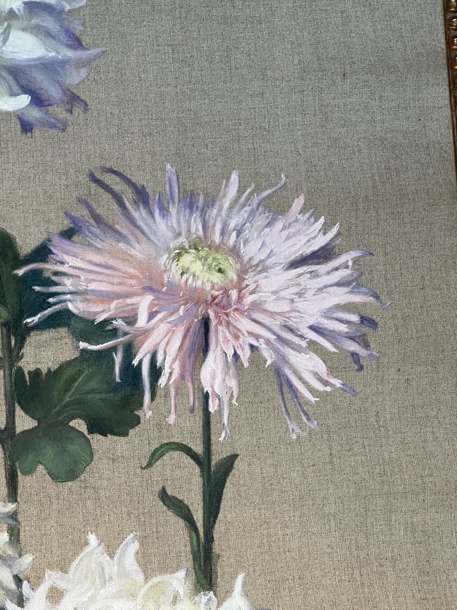Jean Benner (1836–1906)  Bouquet Of Dahlias, Still Life, Bouquet Of Flowers, 95 X 45 Cm-photo-2
