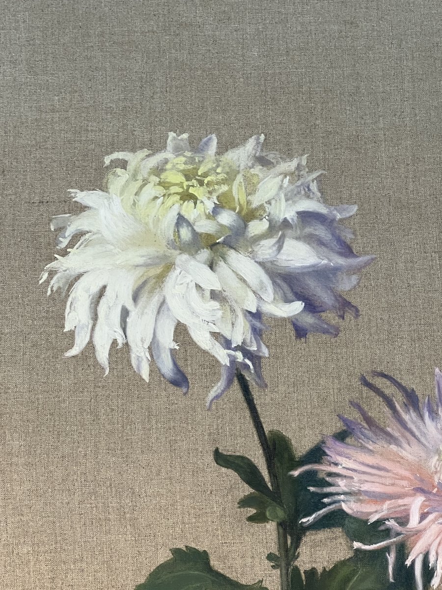 Jean Benner (1836–1906)  Bouquet Of Dahlias, Still Life, Bouquet Of Flowers, 95 X 45 Cm-photo-3