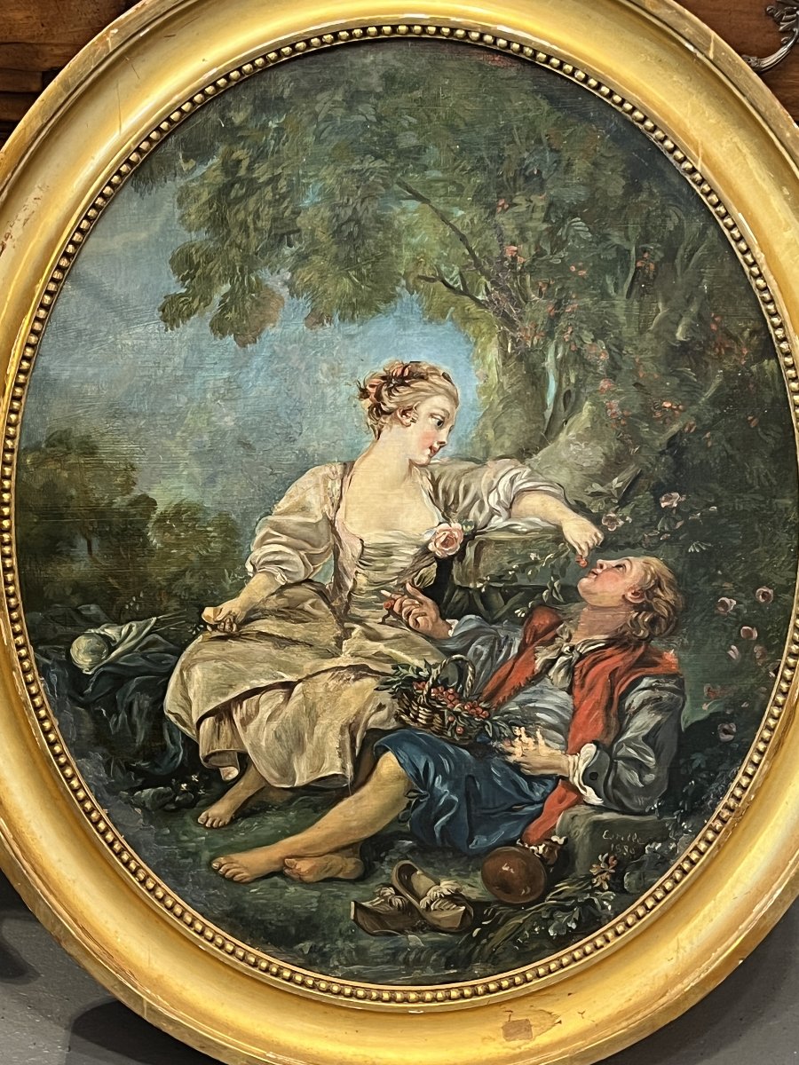 19th-century Oil On Canvas, Signed "estelle" And Dated 1880, After *les Sabots* By François Boucher-photo-2