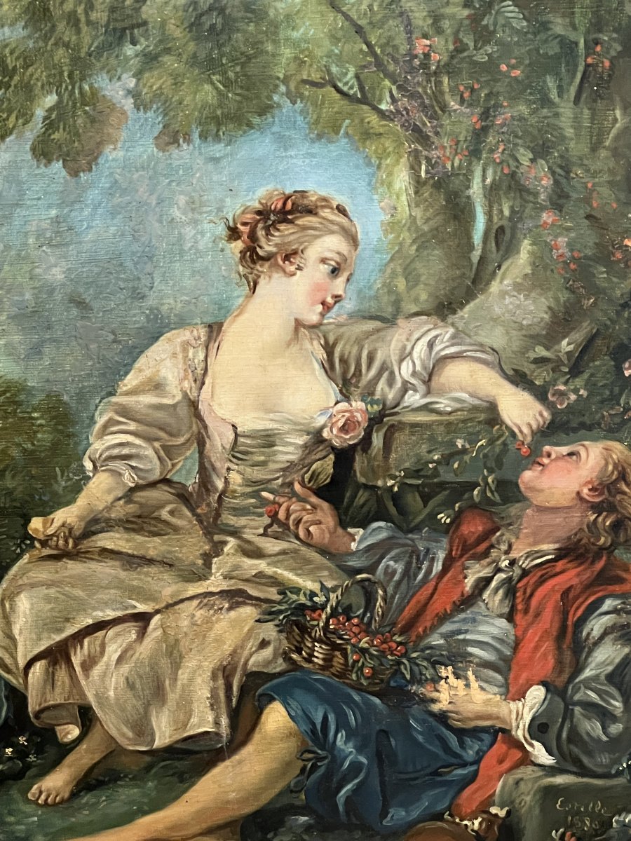 19th-century Oil On Canvas, Signed "estelle" And Dated 1880, After *les Sabots* By François Boucher-photo-3