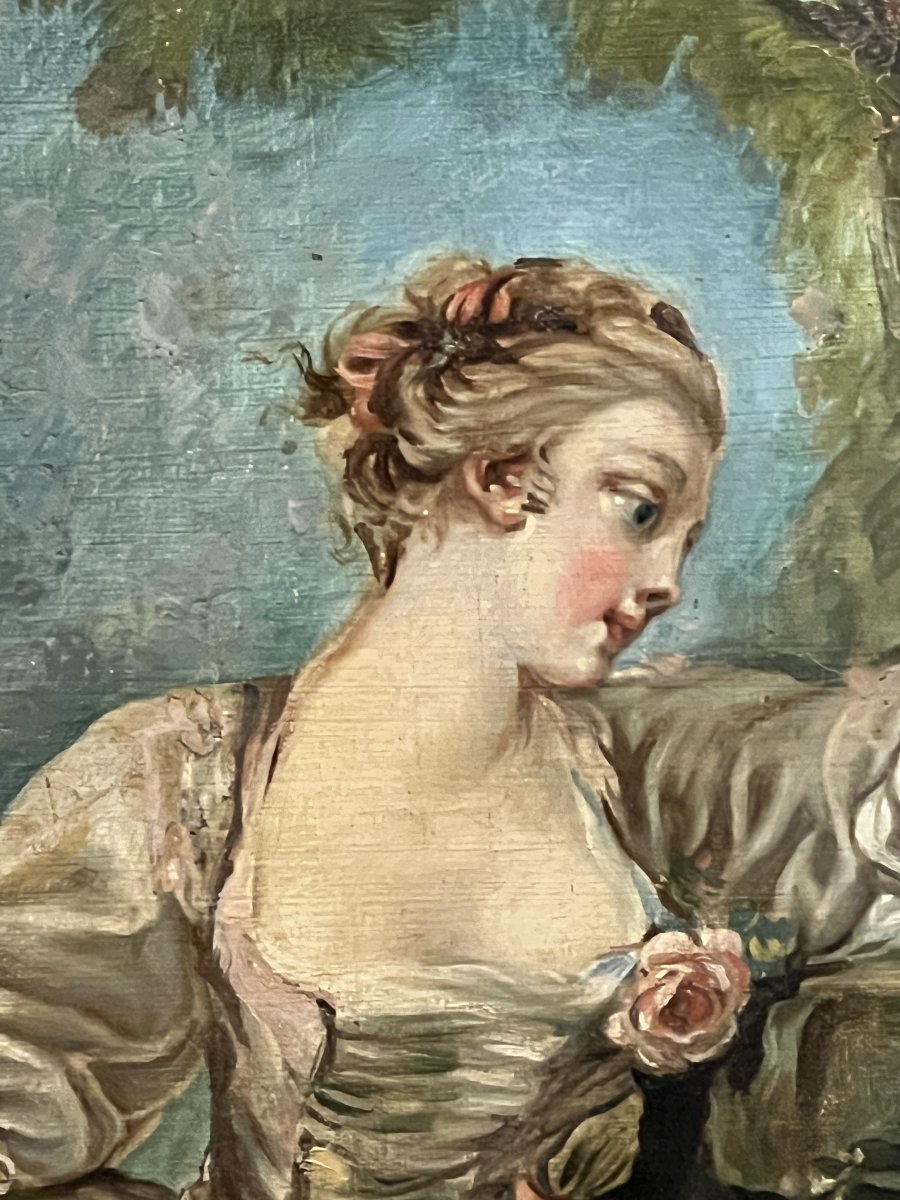 19th-century Oil On Canvas, Signed "estelle" And Dated 1880, After *les Sabots* By François Boucher-photo-4