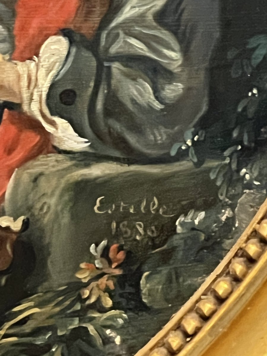 19th-century Oil On Canvas, Signed "estelle" And Dated 1880, After *les Sabots* By François Boucher-photo-2