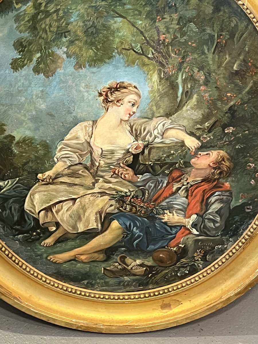 19th-century Oil On Canvas, Signed "estelle" And Dated 1880, After *les Sabots* By François Boucher-photo-7