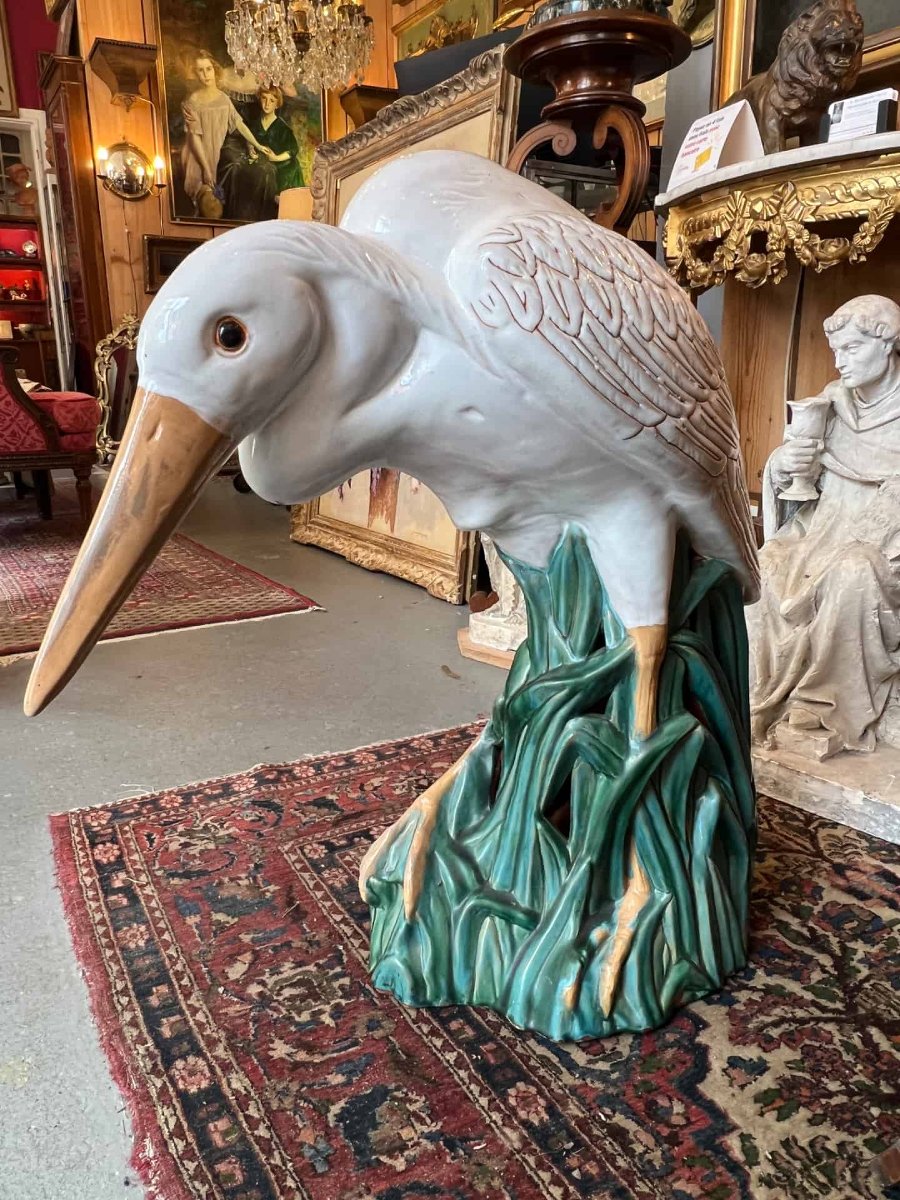Glazed Ceramic Sculpture. Heron In The Reeds. St. Barbotine, Art Nouveau-inspired