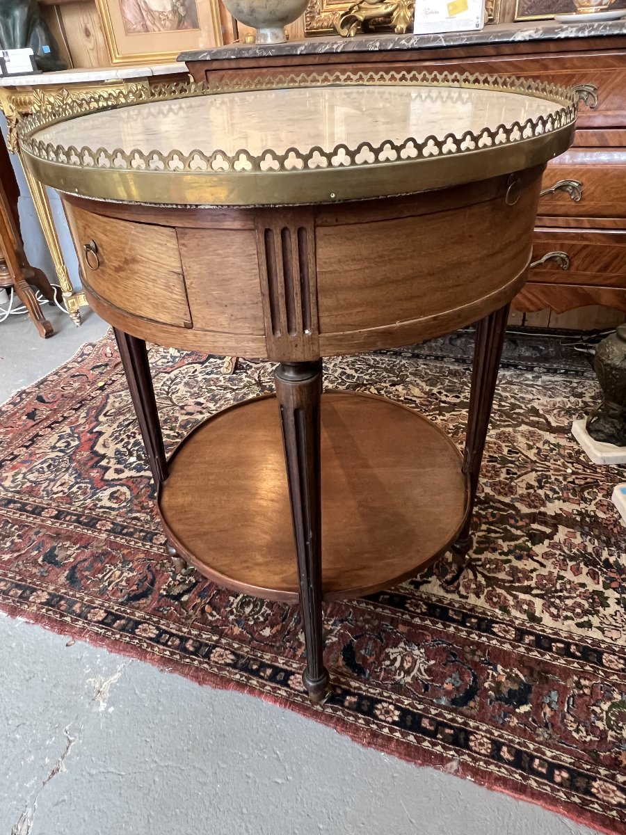 table bouillotte Louis XVI en acajou massif et placage, dessus marbre blanc, époque XVIIIe -photo-3