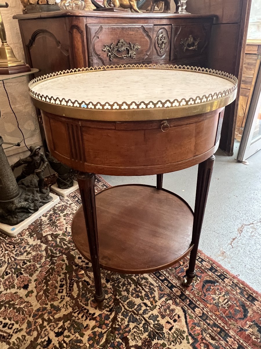 table bouillotte Louis XVI en acajou massif et placage, dessus marbre blanc, époque XVIIIe -photo-1