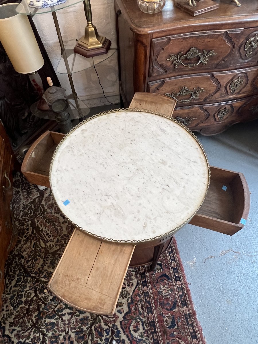 table bouillotte Louis XVI en acajou massif et placage, dessus marbre blanc, époque XVIIIe -photo-4