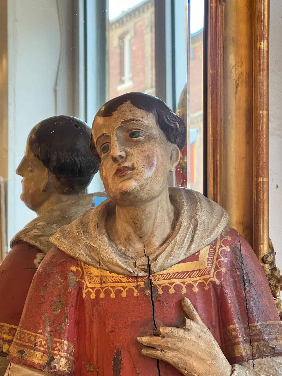 Polychrome Wooden Sculpture Depicting A Saintly Deacon Or Monk, Dating From The 18th Century -photo-3