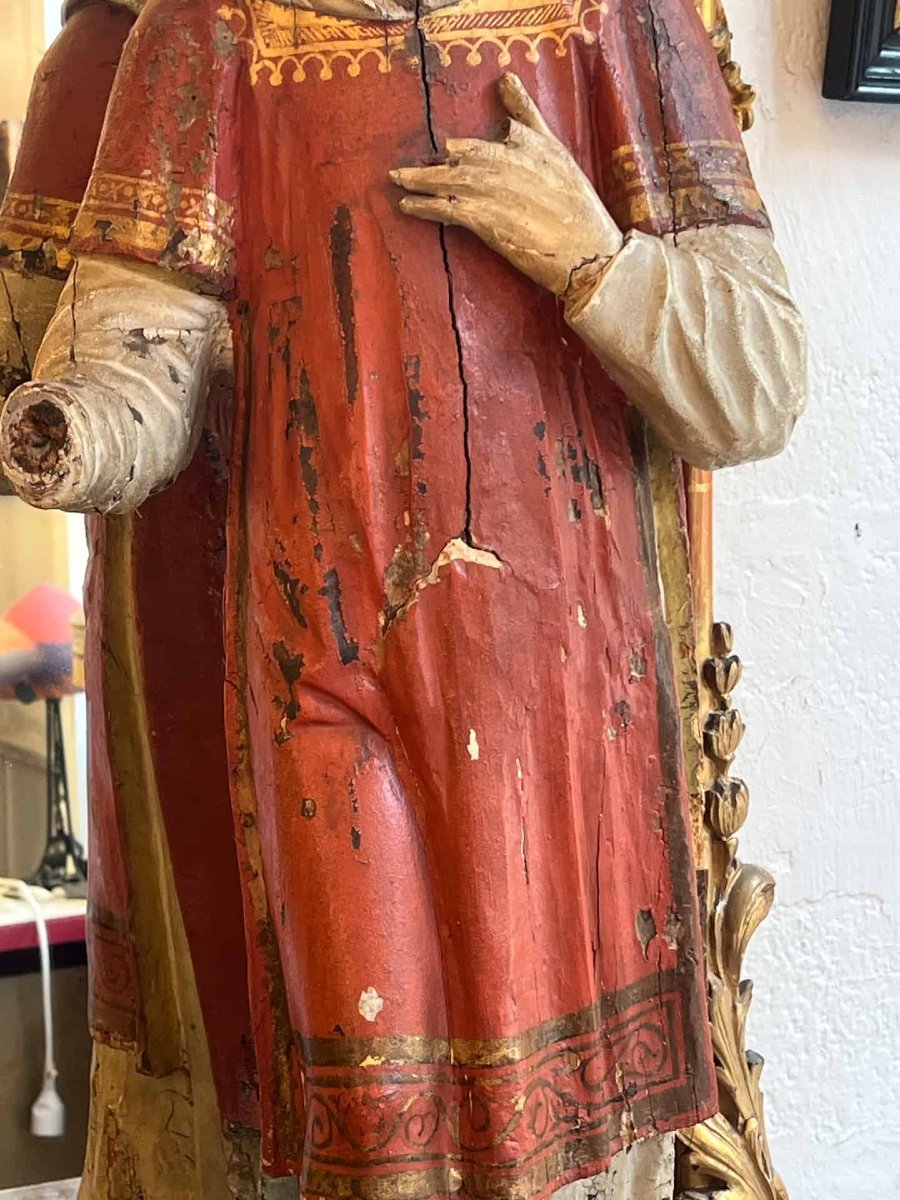 Polychrome Wooden Sculpture Depicting A Saintly Deacon Or Monk, Dating From The 18th Century -photo-1
