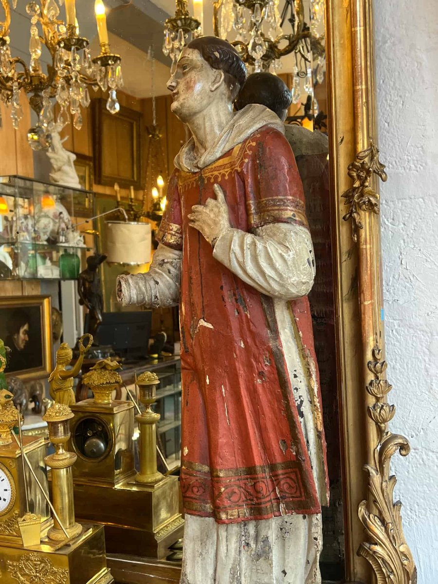Polychrome Wooden Sculpture Depicting A Saintly Deacon Or Monk, Dating From The 18th Century -photo-3