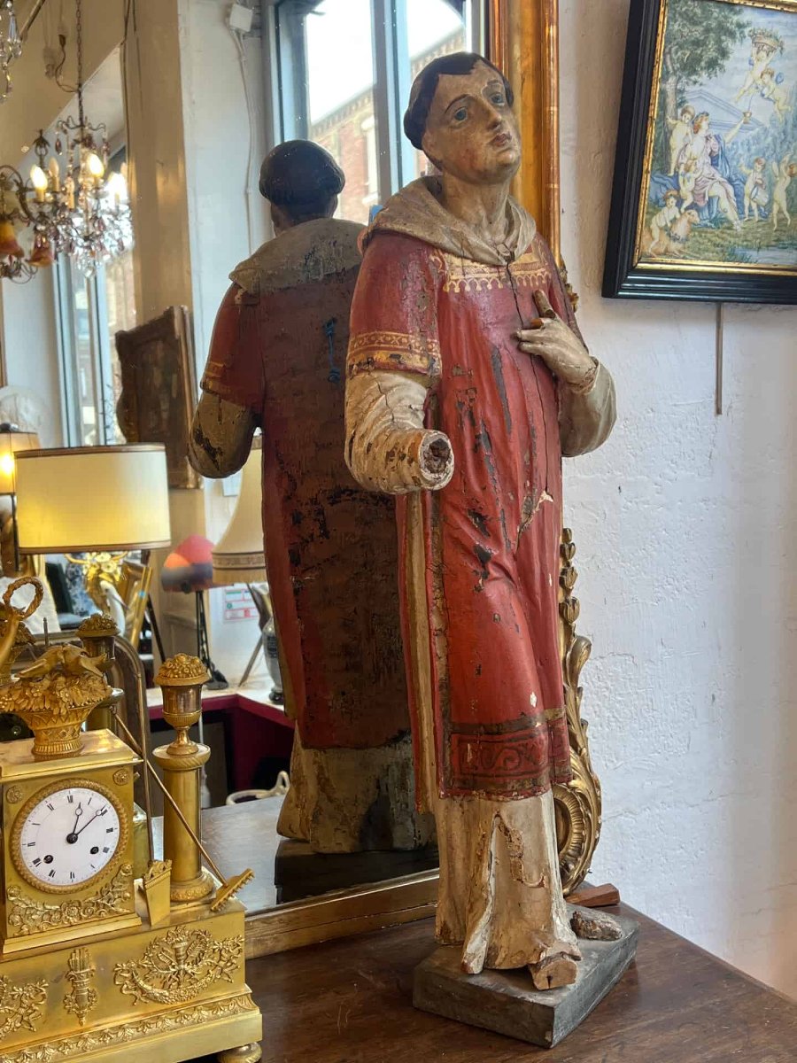 Polychrome Wooden Sculpture Depicting A Saintly Deacon Or Monk, Dating From The 18th Century -photo-4