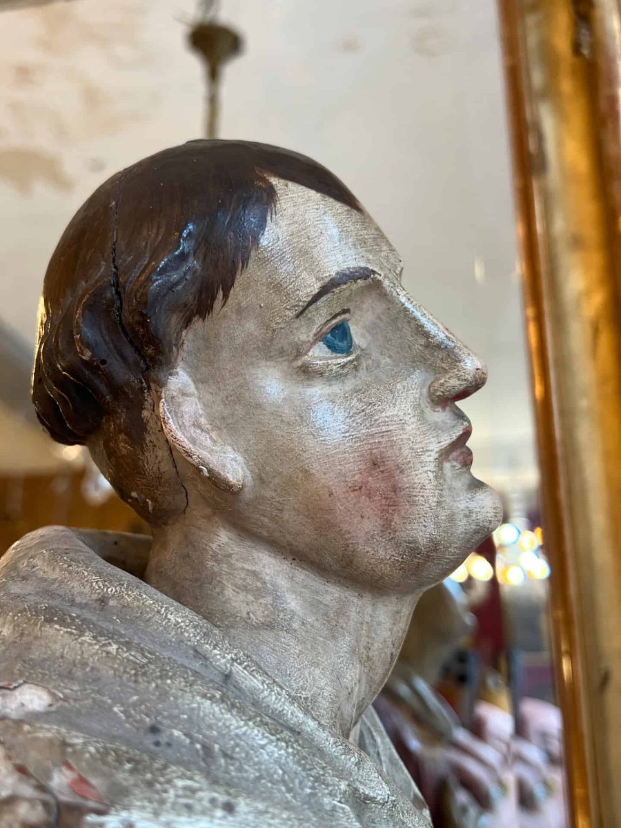 Polychrome Wooden Sculpture Depicting A Saintly Deacon Or Monk, Dating From The 18th Century -photo-6
