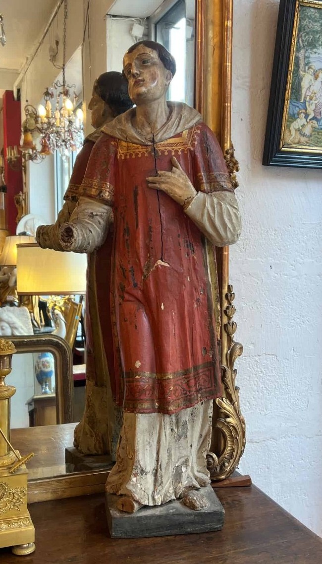 Polychrome Wooden Sculpture Depicting A Saintly Deacon Or Monk, Dating From The 18th Century 