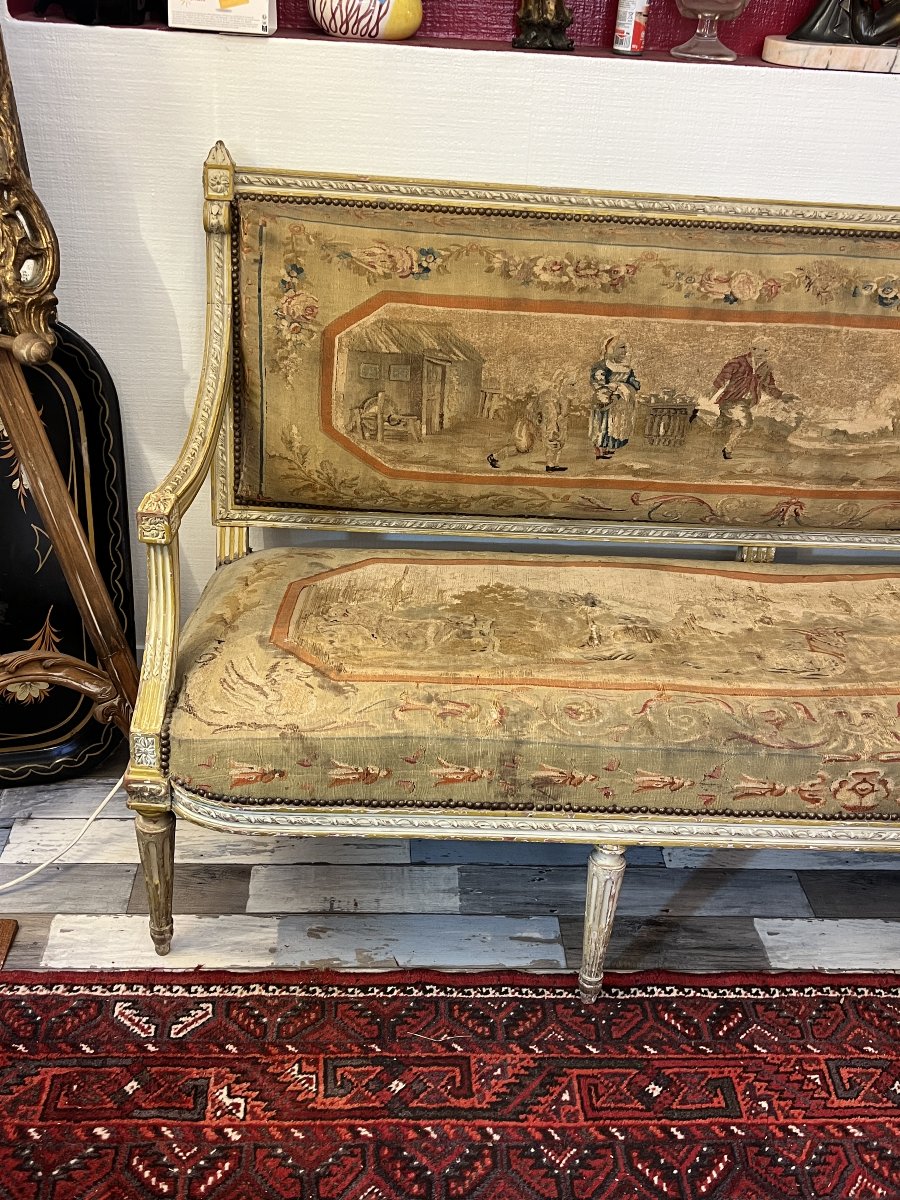 Canapé 3 place Louis XVI en rechampi avec tapisserie de David Teniers, époque fin XVIIIe siècle-photo-2