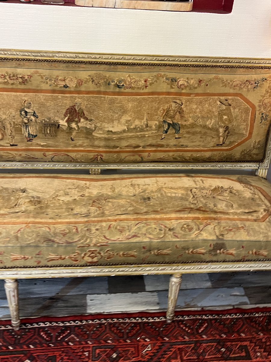 Canapé 3 place Louis XVI en rechampi avec tapisserie de David Teniers, époque fin XVIIIe siècle-photo-4