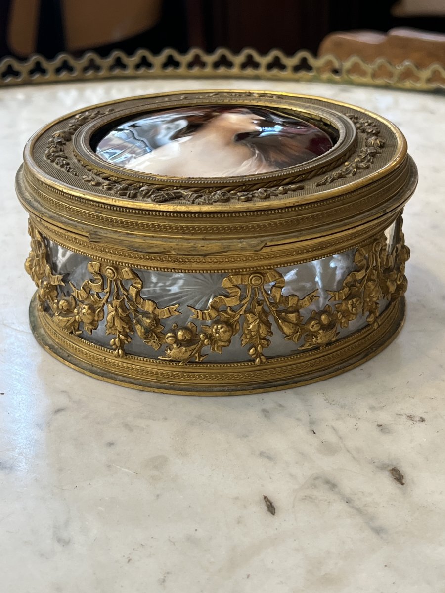 Limoges Enamel Box With Engraved Glass And Chased Bronze In The Louis XVI Style, Late 19th Century -photo-4