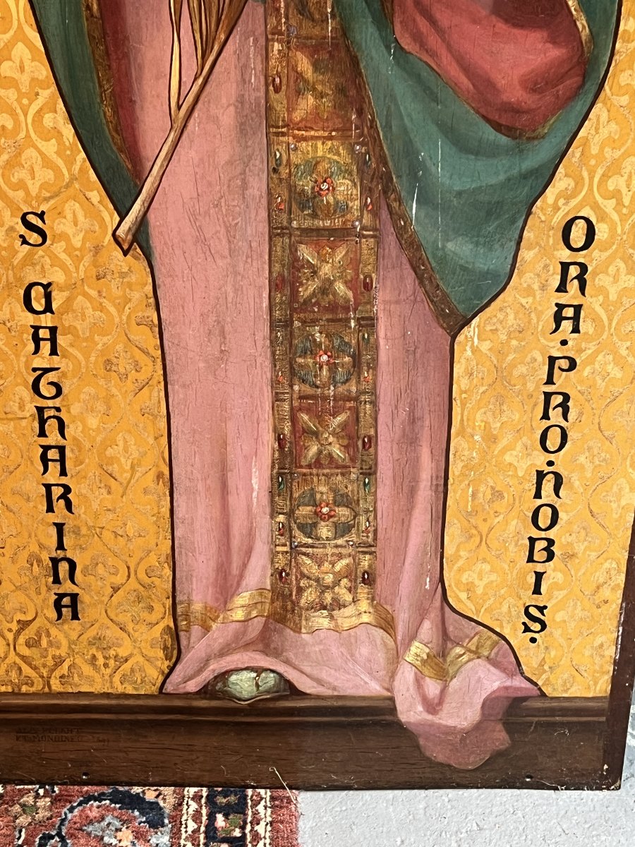 Pair Of Painted Metal Plates With Religious Motifs Depicting St. Catherine And St. Nicholas-photo-1