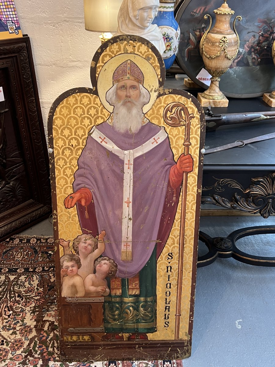 Pair Of Painted Metal Plates With Religious Motifs Depicting St. Catherine And St. Nicholas-photo-6