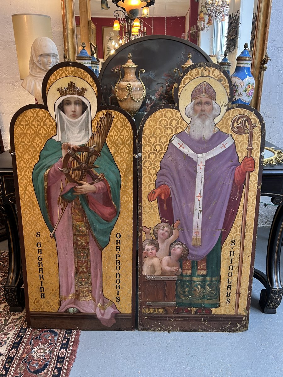 Pair Of Painted Metal Plates With Religious Motifs Depicting St. Catherine And St. Nicholas