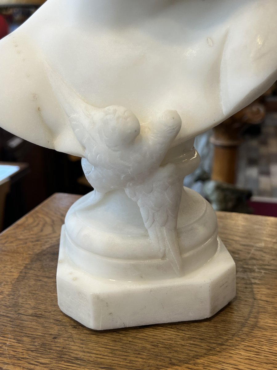 Auguste-joseph Peiffer (1832–1879), Carrara Marble Bust Of A Young Girl With A Swallow.-photo-2