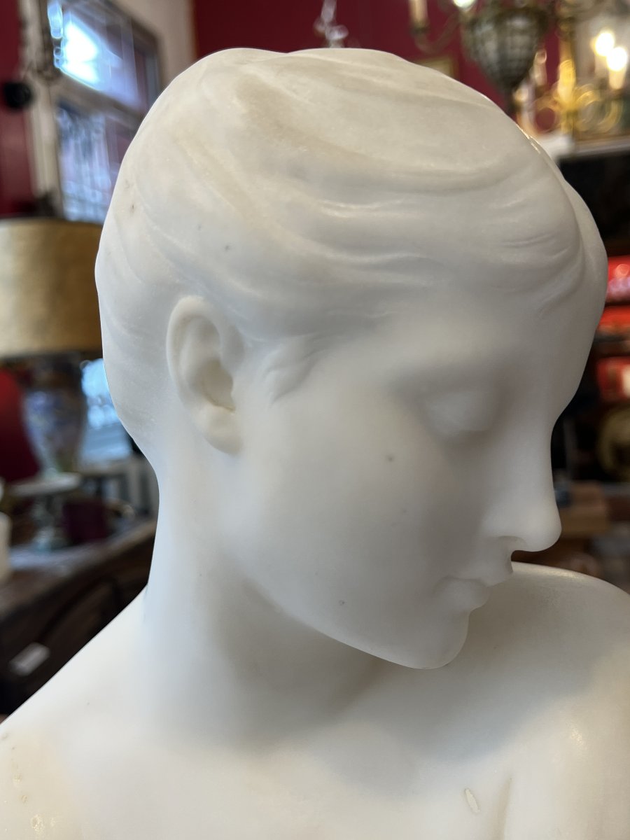 Auguste-joseph Peiffer (1832–1879), Carrara Marble Bust Of A Young Girl With A Swallow.-photo-3