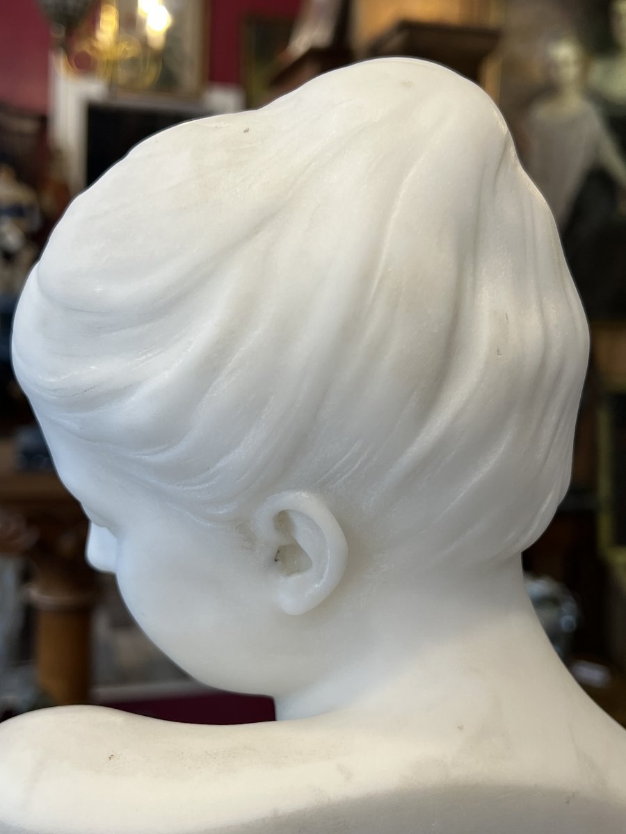 Auguste-joseph Peiffer (1832–1879), Carrara Marble Bust Of A Young Girl With A Swallow.-photo-5