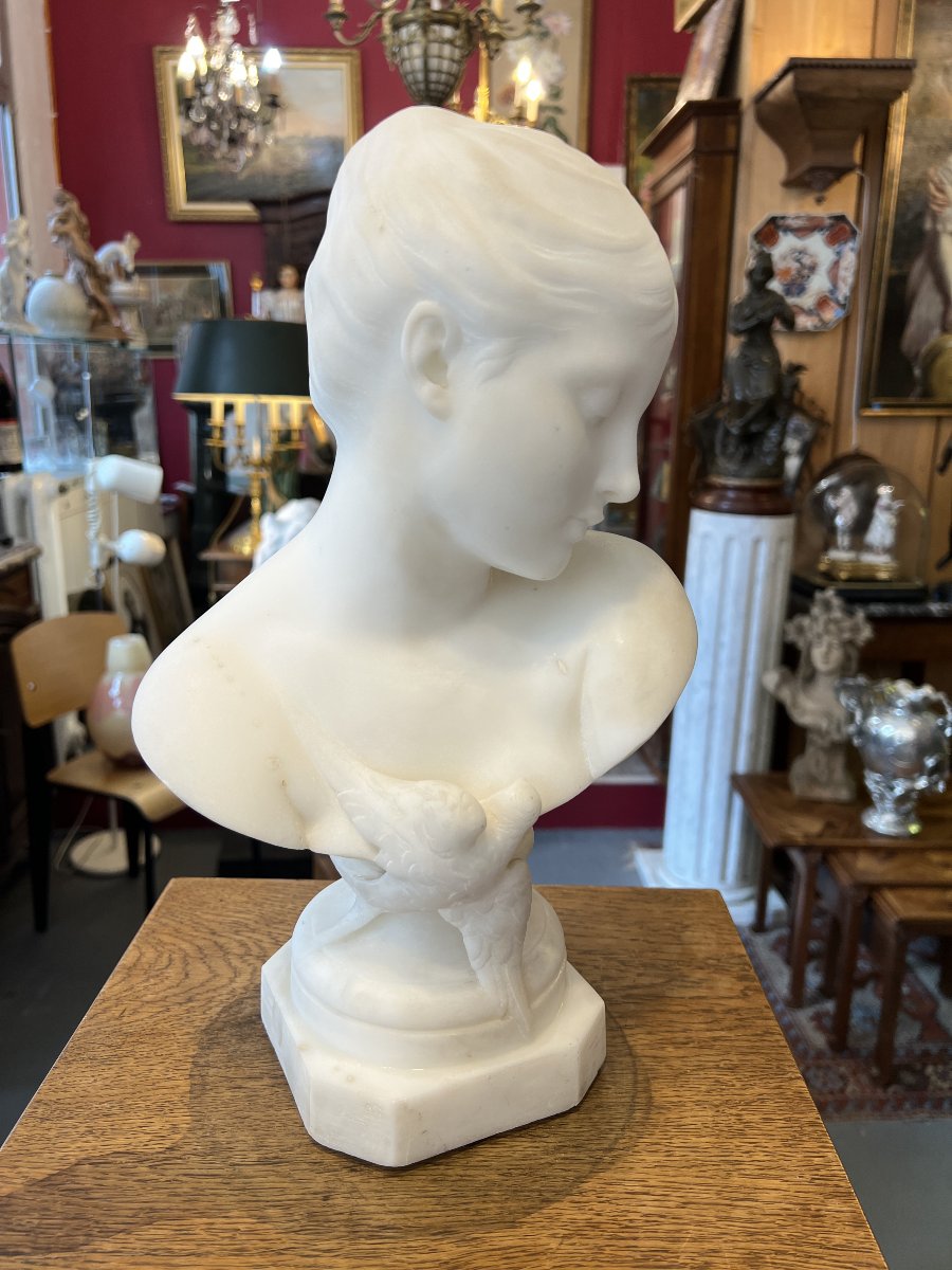 Auguste-joseph Peiffer (1832–1879), Carrara Marble Bust Of A Young Girl With A Swallow.