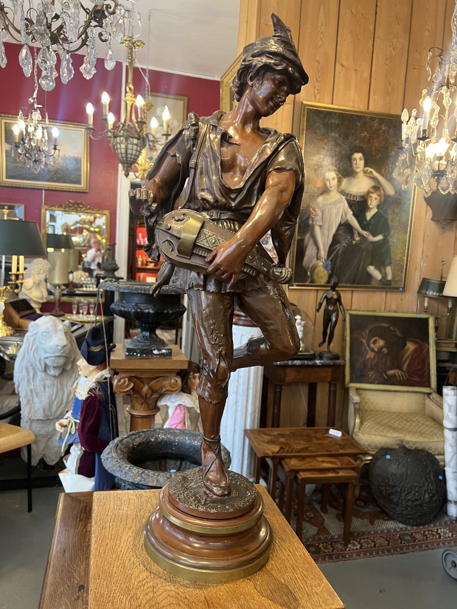 Jean Didier Debut (1824–1893), Sculpture Of A Hurdy-gurdy Player, Bronze With A Beautiful Patina, 71 Cm