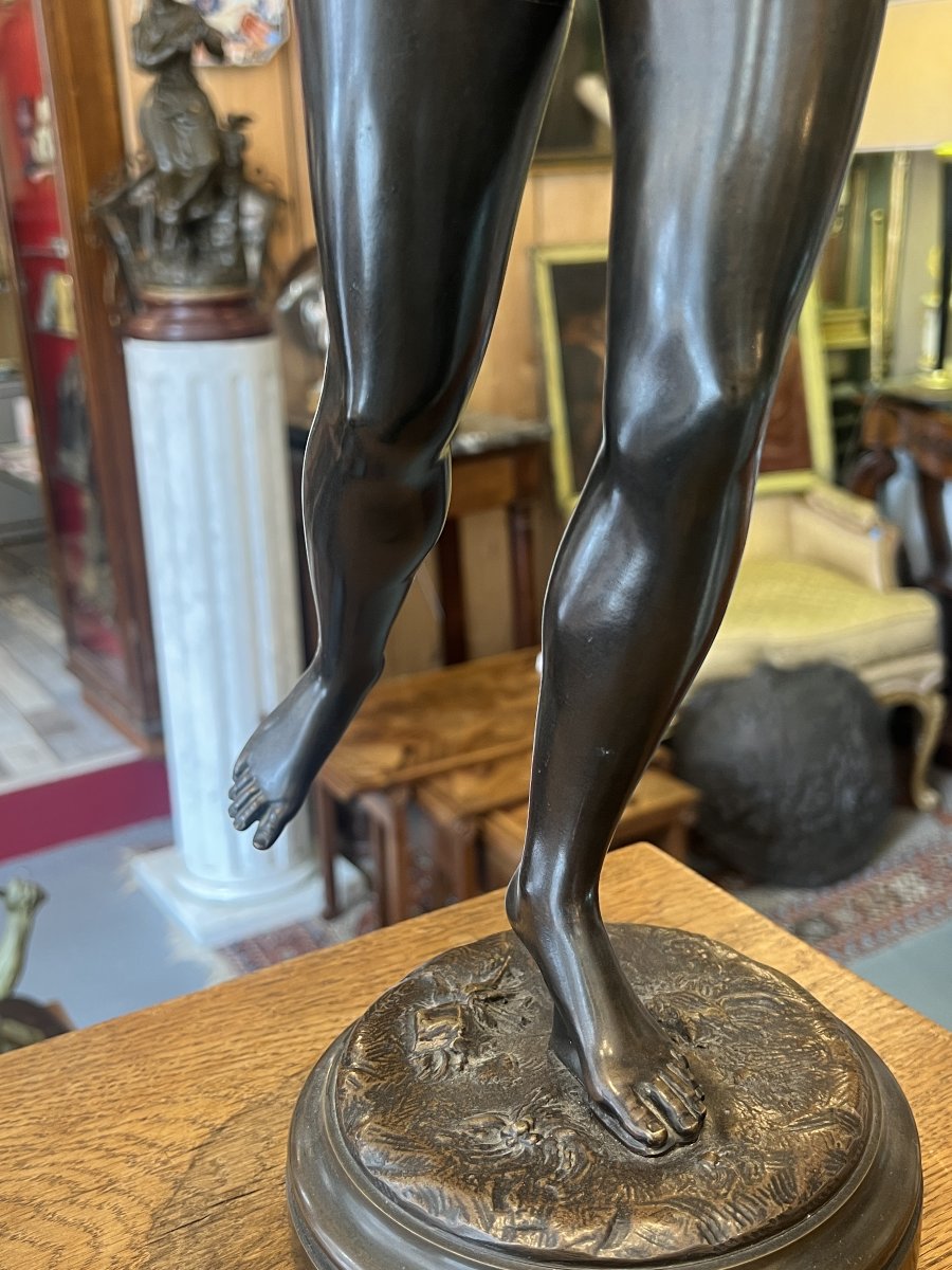 D'après Jean-Antoine Houdon (1741-1828) Diane Chasseresse, sculpture en bronze à patine brun-photo-4
