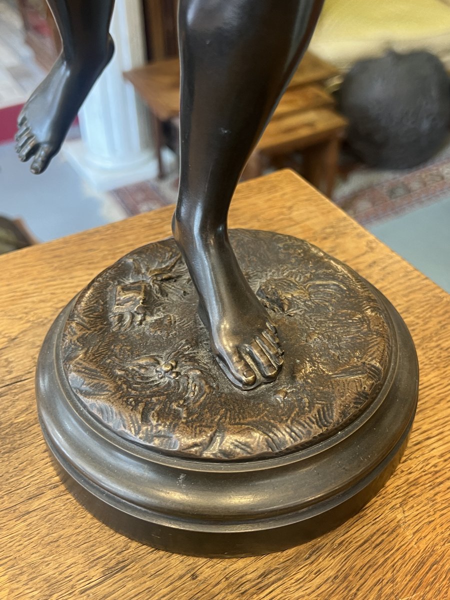 D'après Jean-Antoine Houdon (1741-1828) Diane Chasseresse, sculpture en bronze à patine brun-photo-1