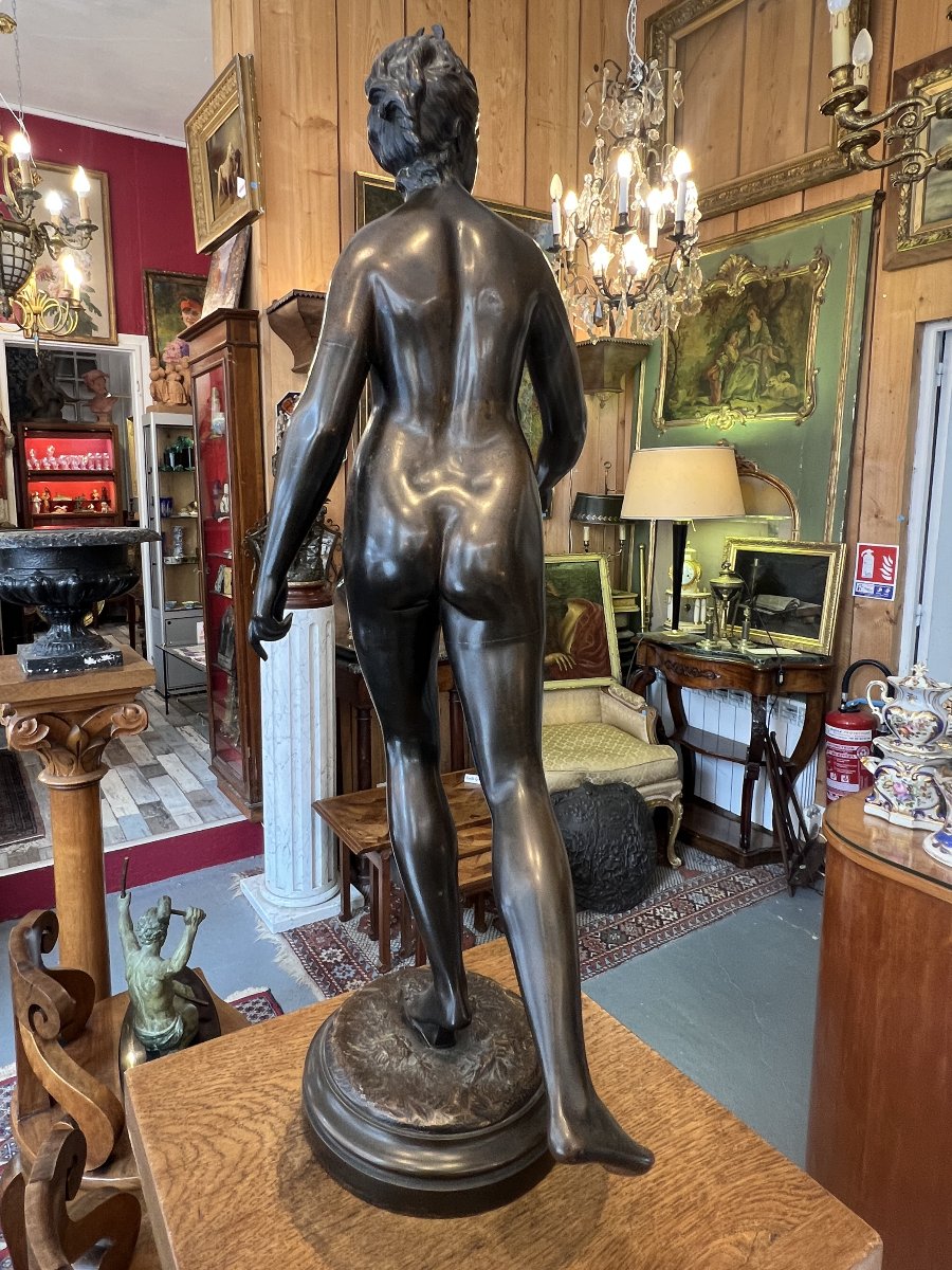 D'après Jean-Antoine Houdon (1741-1828) Diane Chasseresse, sculpture en bronze à patine brun-photo-4
