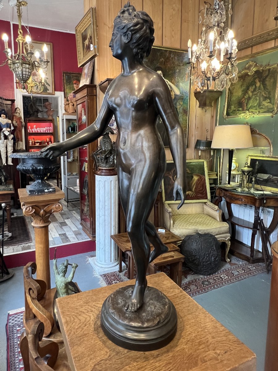 D'après Jean-Antoine Houdon (1741-1828) Diane Chasseresse, sculpture en bronze à patine brun-photo-6