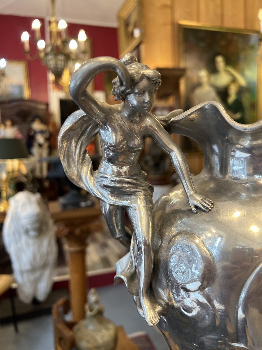 Vase art nouveau en étain pomi signé de Charles Théodore PERRON ( 1862-1934 ) décor féminin-photo-2