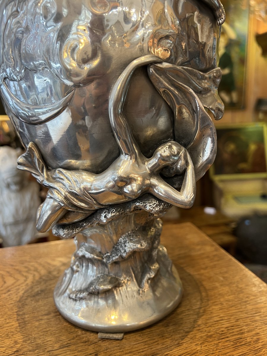 Vase art nouveau en étain pomi signé de Charles Théodore PERRON ( 1862-1934 ) décor féminin-photo-2