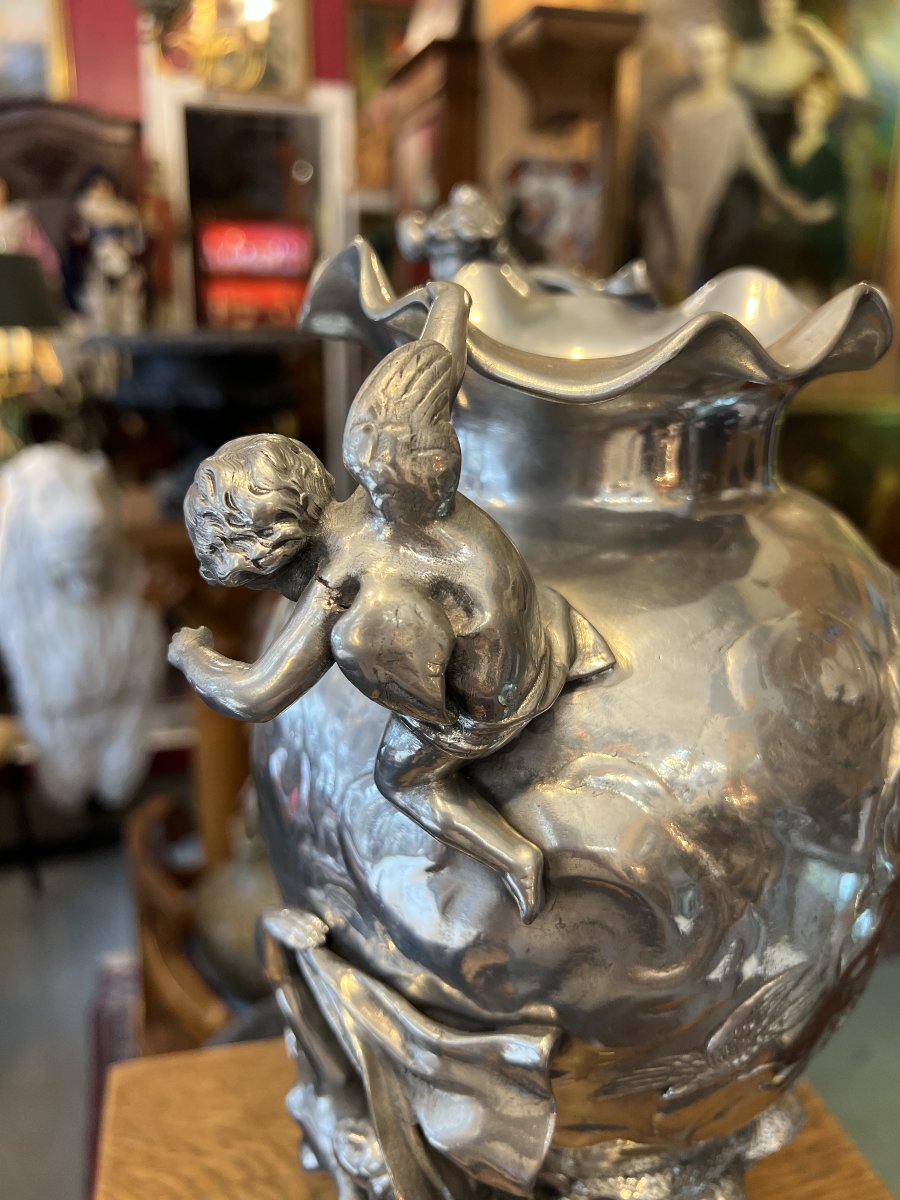 Vase art nouveau en étain pomi signé de Charles Théodore PERRON ( 1862-1934 ) décor féminin-photo-4