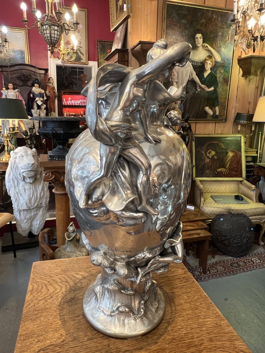 Vase art nouveau en étain pomi signé de Charles Théodore PERRON ( 1862-1934 ) décor féminin-photo-6