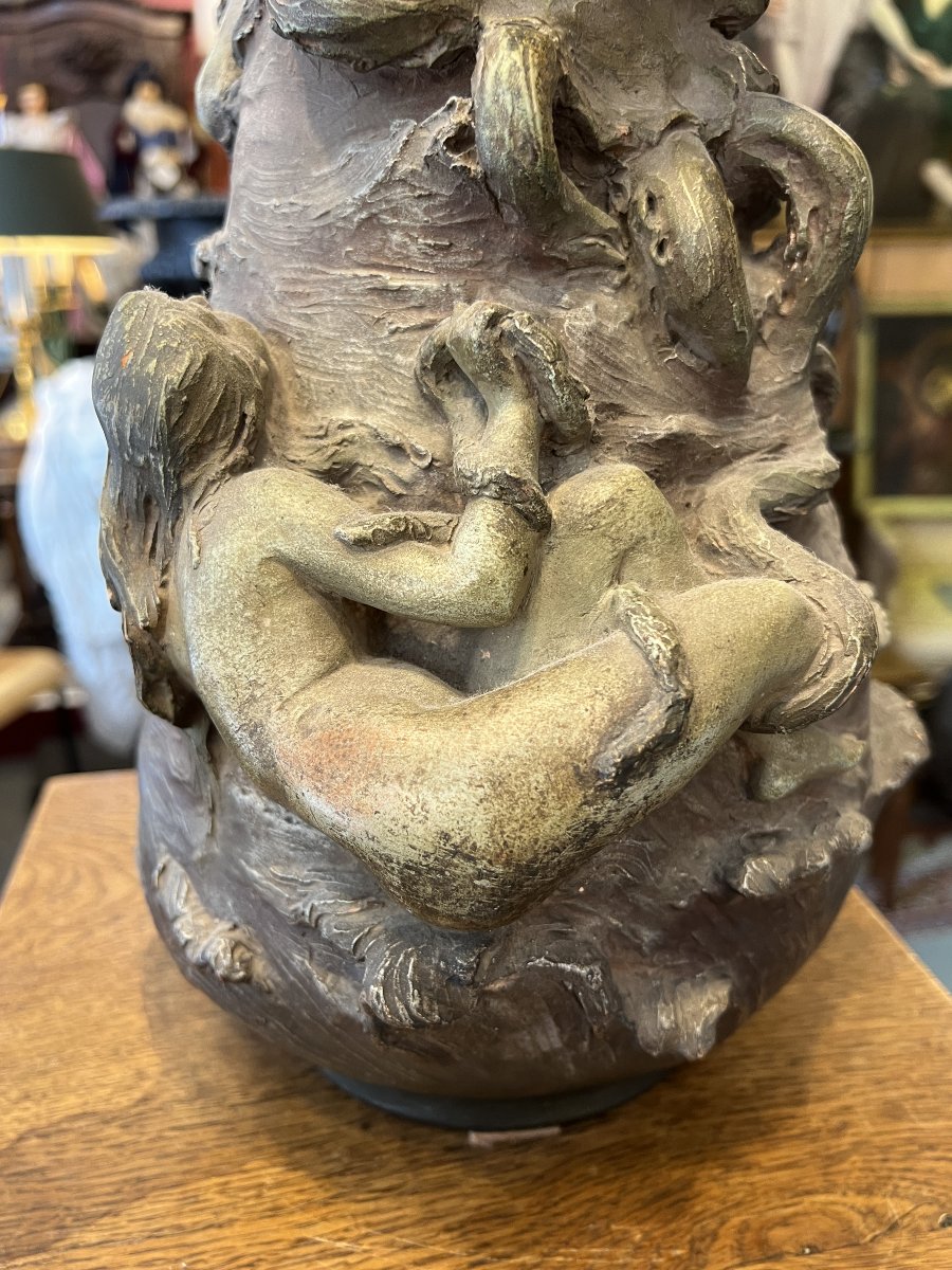 Vase Art Nouveau en terre cuite polychrome modèle « La Pieuvre » Alfred Jean Foretay (1861-1944-photo-3