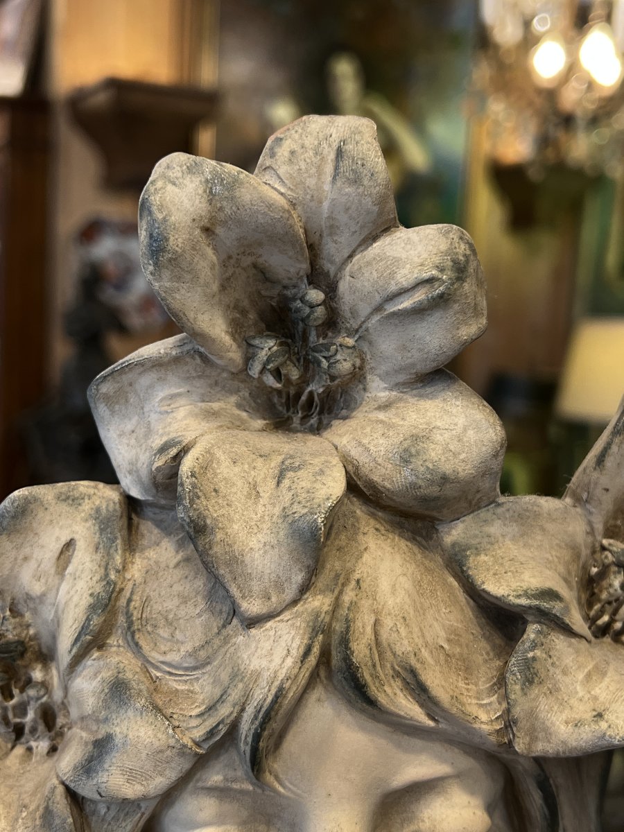 Marcel Debut, Buste en terre cuite d'une jeune femme aux fleurs, Époque Art Nouveau-photo-2