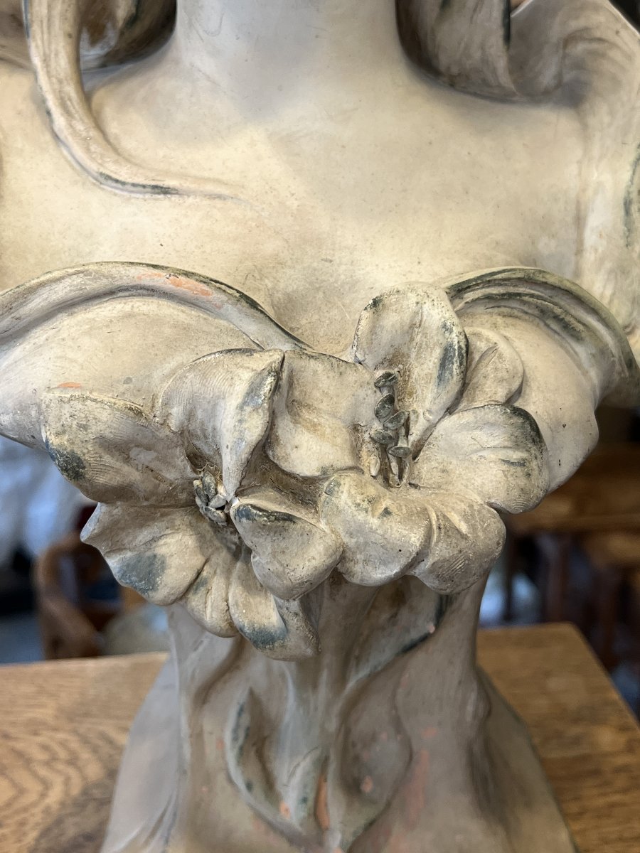 Marcel Debut, Buste en terre cuite d'une jeune femme aux fleurs, Époque Art Nouveau-photo-5