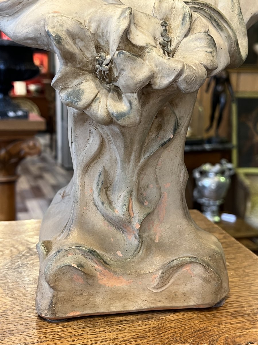 Marcel Debut, Buste en terre cuite d'une jeune femme aux fleurs, Époque Art Nouveau-photo-6