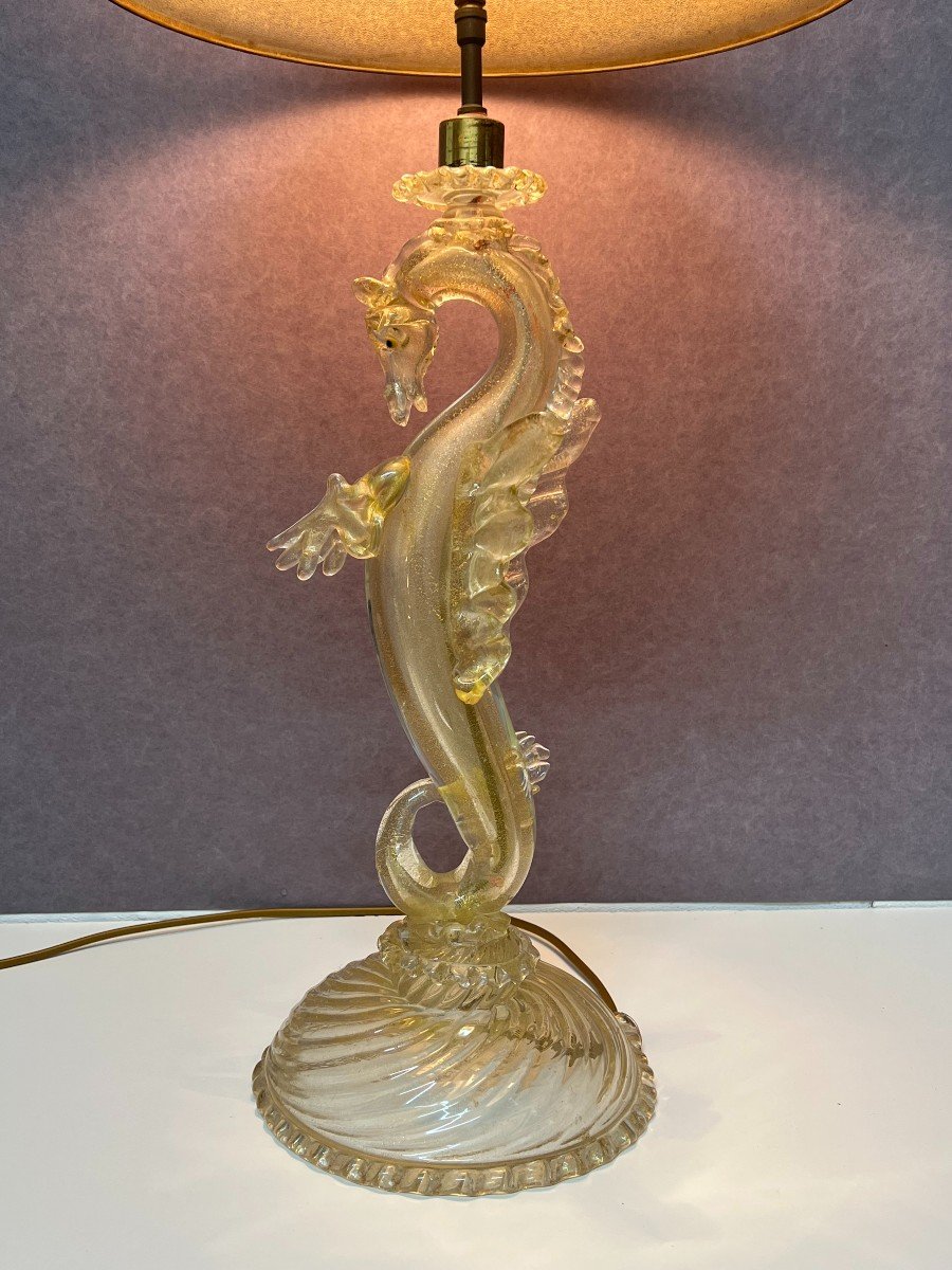 Dragon Lamp In Spun Glass And Gold Powder Inlay, Murano Glassware 20th Century-photo-2