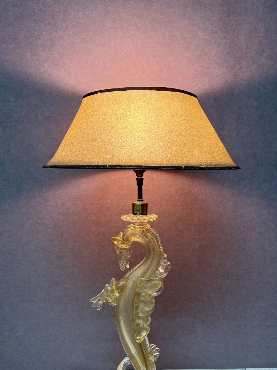 Dragon Lamp In Spun Glass And Gold Powder Inlay, Murano Glassware 20th Century-photo-3