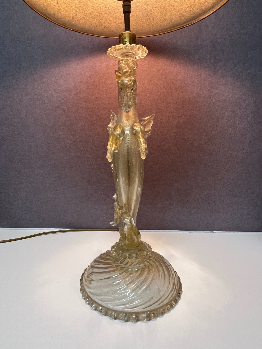 Dragon Lamp In Spun Glass And Gold Powder Inlay, Murano Glassware 20th Century-photo-4