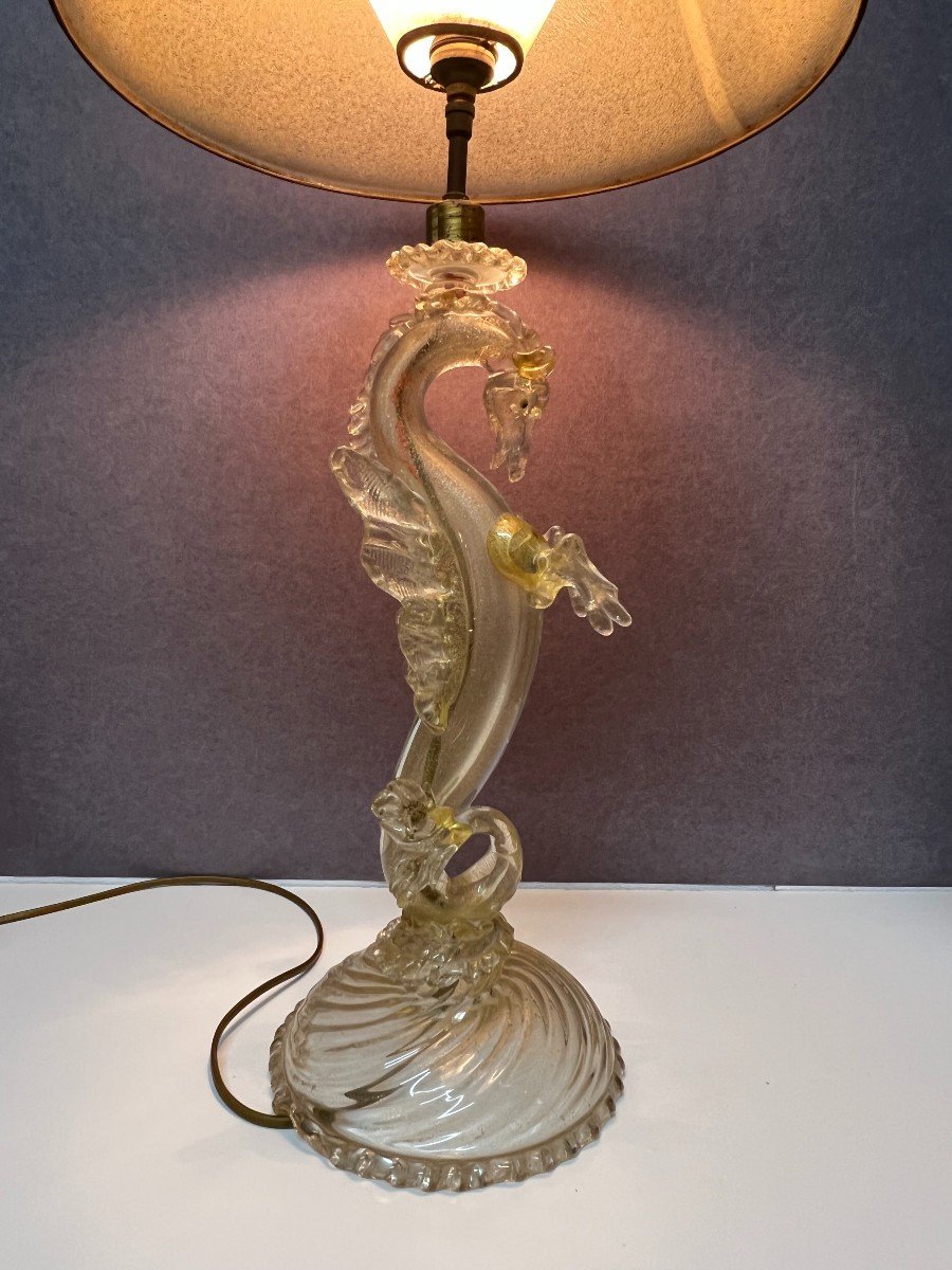 Dragon Lamp In Spun Glass And Gold Powder Inlay, Murano Glassware 20th Century-photo-5