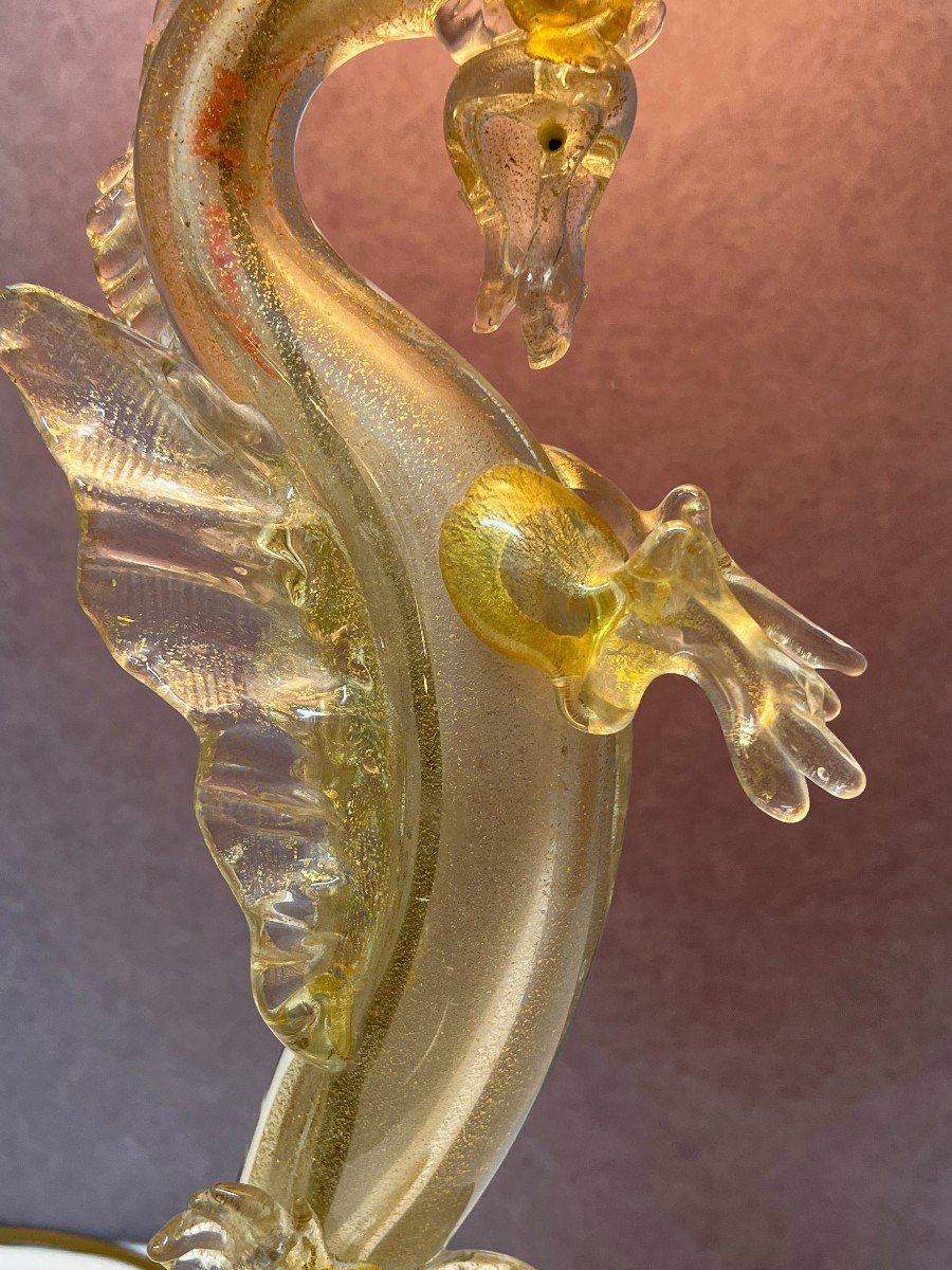 Lampe Dragon En Verre Filé Et Incrustation Poudre d'Or, Verrerie De Murano  XXème-photo-6