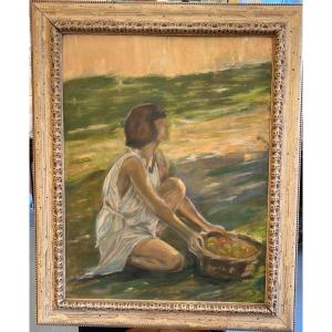 Ferdinand Lucien Bivel ( 1888-1950 ), Peinture Huile Sur Isorel, Femme Aux Pommes