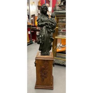 Grande Statue En Bronze Ancienne XIXe, Femme à l'Enfant, Sur Socle Bois Massif, 98 Cm