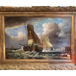 John Russel Chancellor ( 1925-1984 ) Rare Sur Le Marché, Huile Sur Toile, Marine, Bateaux