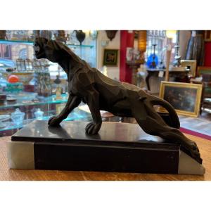 A. Notari, Cubist Sculpture 1930, Panther Spelter On Marble Base