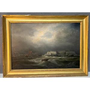 19th Century Painting, Fort Or Bay Of Saint-malo In Stormy Weather